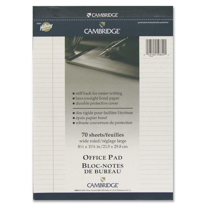 Hilroy Cambridge Office Notepad - 70 Sheets - Ruled Front Ruling - Ruled Margin - 20 lb (9071.85 g) Basis Weight - Legal - 8 1/2" (21.59 cm) x 11 3/4" (29.85 cm) Sheet Size - White Paper - Numbered, Durable Cover, Micro Perforated, Easy Tear, Stiff-back -