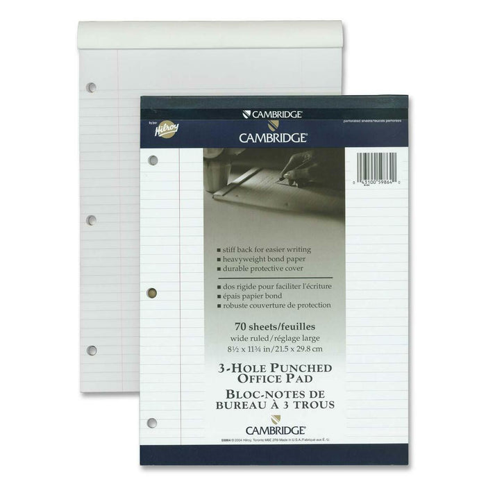 Mead Cambridge Office Notepad - 70 Sheets - Wire Bound - Ruled, College Ruled Front Ruling - Ruled Margin - 3 Hole(s) - 20 lb (9071.85 g) Basis Weight - Legal - 8 1/2" (21.59 cm) x 11 3/4" (29.85 cm) Sheet Size - White Paper - Numbered, Durable Cover, Eas