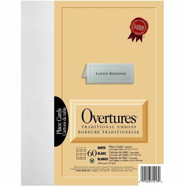 First Base Overtures Traditional Embossed Place Cards, White, Pack of 60, 71413 - 4 1/4" (107.95 mm) x 1 4/5" (45.72 mm) - 47 lb (21318.84 g) Basis Weight - Green Seal - Micro Perforated, Acid-free, Lignin-free - White - 60 Pack