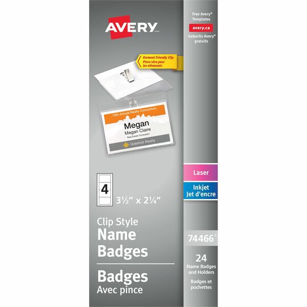 Avery&reg; Garment Friendly Clip Style Name Badge Kitfor Laser and Inkjet Printers, 2-1/4" x 3-1/2" - 24 / Pack