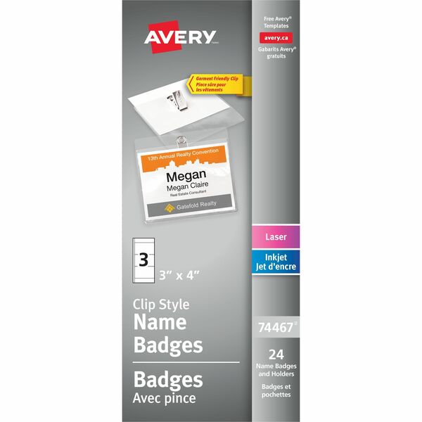 Avery&reg; Garment Friendly Clip Style Name Badge Kitfor Laser and Inkjet Printers, 4" x 3" - 24 / Pack