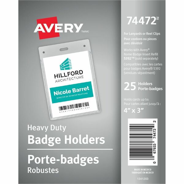 Avery&reg; Vertical Name Badge Holders, 4" x 3" - Support 4" (101.60 mm) x 3" (76.20 mm) Media - Landscape - 3.88" (98.43 mm) x 2.63" (66.68 mm) x 0.50" (12.70 mm) x - Polyvinyl Chloride (PVC) - 25 / Pack - Clear - Reusable, Durable, Top Loading, Secure,