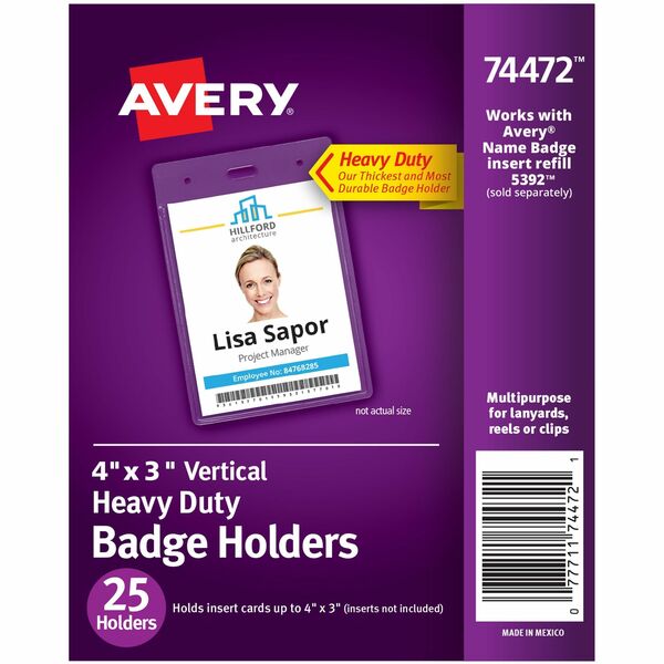 Avery&reg; Vertical Name Badge Holders, 4" x 3" - Support 4" (101.60 mm) x 3" (76.20 mm) Media - Portrait - 3.88" (98.43 mm) Height x 2.63" (66.68 mm) Width x 0.50" (12.70 mm) Depth - Polyvinyl Chloride (PVC) - Clear - Reusable, Durable, Top Loading, Secu
