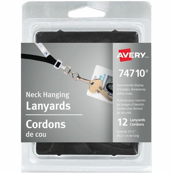 Avery&reg; Neck Hanging Lanyards, 35½" - 35.50" (901.70 mm) Length - Black - 12 / Pack
