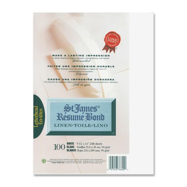 First Base Resume Bond Paper - Letter - 8 1/2" (215.90 mm) x 11" (279.40 mm) - 24 lb (10886.22 g) Basis Weight - Linen - White - 100 / Pack
