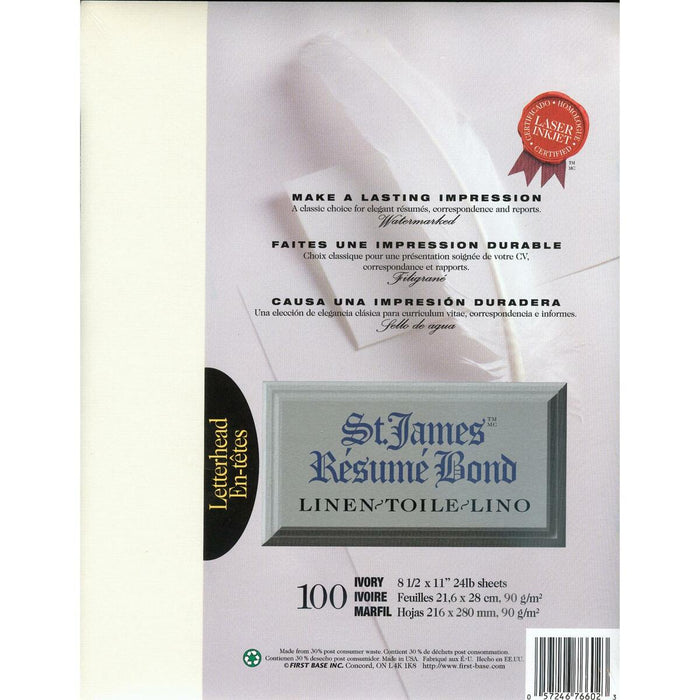 First Base Resume Bond Paper - Letter - 8 1/2" (215.90 mm) x 11" (279.40 mm) - 24 lb (10886.22 g) Basis Weight - Linen - Ivory - 100 / Pack