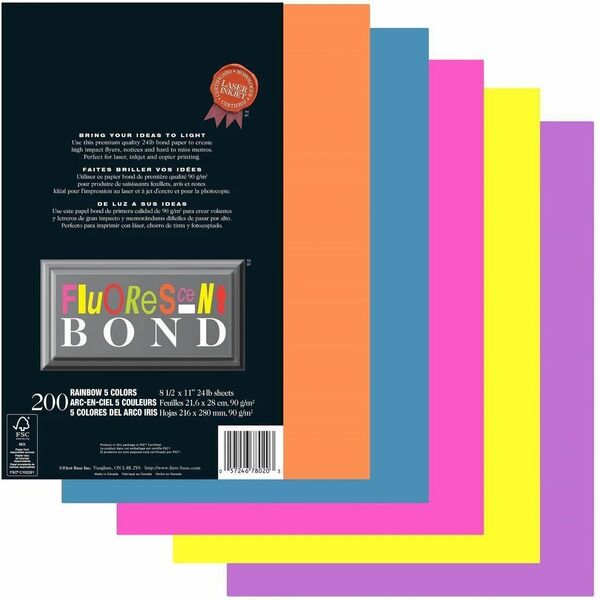 Fluorescent Bond Rainbow II, 5 Colours ( - Letter - 8 1/2" (215.90 mm) x 11" (279.40 mm) - 24 lb (10886.22 g) Basis Weight - Acid-free, Lignin-free - Fuchsia, Yellow, Purple, Orange, Emerald Green - 200 / Pack