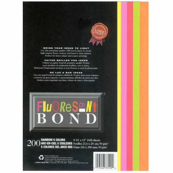 St. James&reg; Fluorescent Bond Paper, Rainbow, 5 Bright Colours, Pack of 200 - Letter - 8 1/2" (215.90 mm) x 11" (279.40 mm) - 24 lb (10886.22 g) Basis Weight - Green Seal - Acid-free, Lignin-free - Pink, Yellow, Red, Orange, Light Green - 200 / Pack