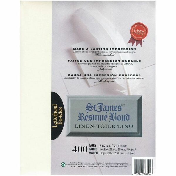 St. James&reg; R&eacute;sum&eacute; Bond, Linen, 24 lb Letter-Size Paper, Ivory, Pack of 400, 78156 - Letter - 8 1/2" (215.90 mm) x 11" (279.40 mm) - 24 lb (10886.22 g) Basis Weight - Linen - Green Seal - Acid-free, Lignin-free - Ivory - 400 Pack