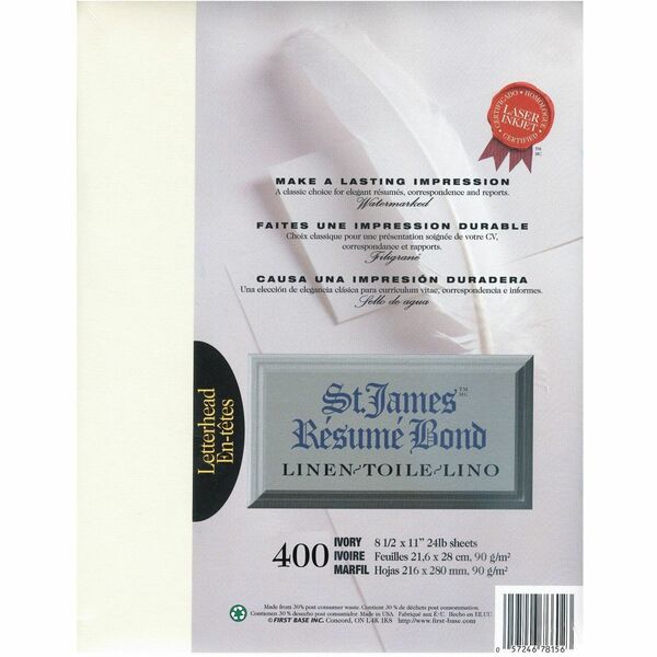 St. James&reg; R&eacute;sum&eacute; Bond, Linen, 24 lb Letter-Size Paper, Ivory, Pack of 400, 78156