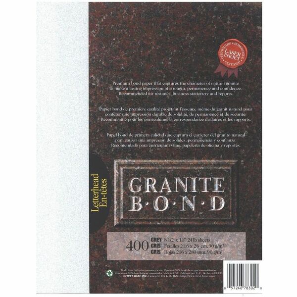 Granite Bond Grey (400) - Letter - 8 1/2" (215.90 mm) x 11" (279.40 mm) - 24 lb (10886.22 g) Basis Weight - Green Seal - Acid-free, Lignin-free - Gray - 400 / Pack