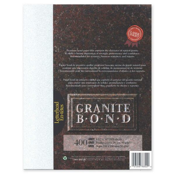 First Base Granite Bond Laser Paper - Letter - 8 1/2" x 11" - 24 lb Basis Weight - 400 / Pack - Acid-free, Lignin-free - Gray