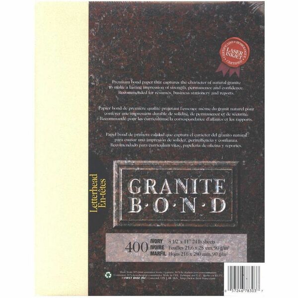 Granite Bond Iv. (400) - Letter - 8 1/2" (215.90 mm) x 11" (279.40 mm) - 24 lb (10886.22 g) Basis Weight - Green Seal - Acid-free, Lignin-free - Ivory - 400 / Pack