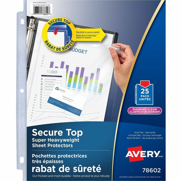 Avery&reg; Diamond Clear Secure Top Sheet Protectors, 25/pk - For Letter 8 1/2" (215.90 mm) x 11" (279.40 mm) Sheet - Ring Binder - Rectangular - Clear - Polypropylene - 25 / Pack