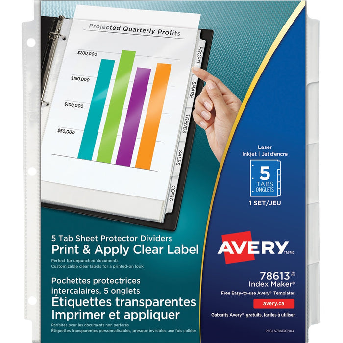Avery&reg; Print & Apply Clear Label Sheet Protector Dividers Index Maker&reg; - 5 Tab(s) - 8.50" (215.90 mm) Divider Width x 11" (279.40 mm) Divider Length - Letter - Clear Divider - White Tab(s) - 5 / Set