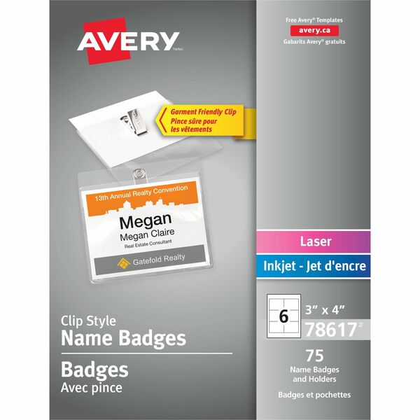 Avery&reg; Garment Friendly Clip Style Name Badge Kitfor Laser and Inkjet Printers, 4" x 3" - 75 / Box