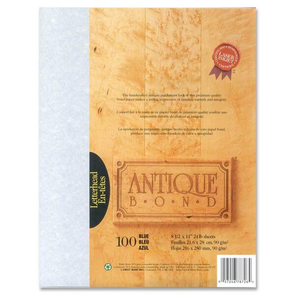 First Base Antique Bond Parchment Paper - Letter - 8 1/2" x 11" - 24 lb Basis Weight - 100 / Pack - Acid-free, Lignin-free - Blue