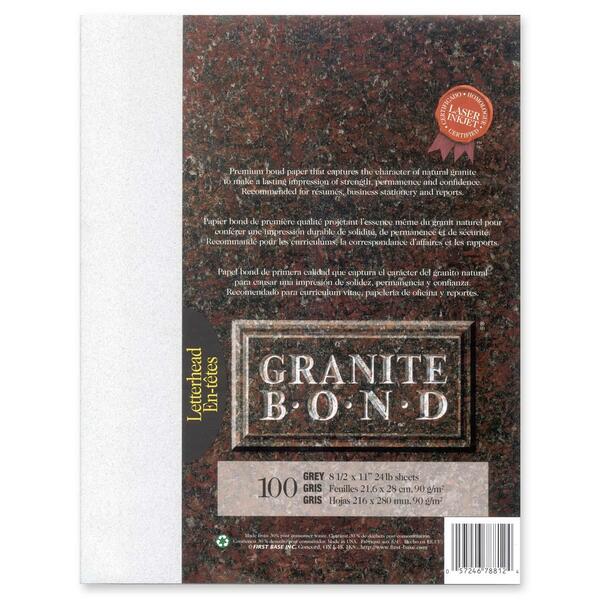 First Base 78812 Granite Bond Laser Paper - Letter - 8 1/2" x 11" - 24 lb Basis Weight - 100 / Pack - Acid-free, Lignin-free - Gray