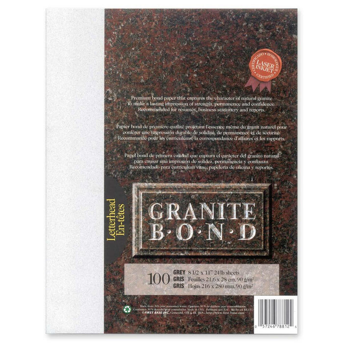 First Base 78812 Granite Bond Laser Paper - Letter - 8 1/2" (215.90 mm) x 11" (279.40 mm) - 24 lb (10886.22 g) Basis Weight - Acid-free, Lignin-free - Gray - 100 / Pack