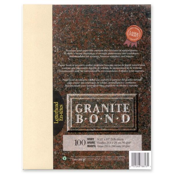 First Base Granite Bond Laser Paper - Letter - 8 1/2" (215.90 mm) x 11" (279.40 mm) - 24 lb (10886.22 g) Basis Weight - Acid-free, Lignin-free - Ivory - 100 / Pack