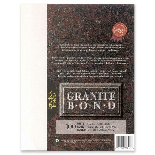 St. James&reg; Granite Bond Laser Paper - Letter - 8 1/2" (215.90 mm) x 11" (279.40 mm) - 24 lb (10886.22 g) Basis Weight - Acid-free, Lignin-free - White - 100 Sheets - 100 / Pack