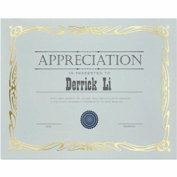 St. James&reg; Deco Gold Foil/Linen Certificate - 24 lb (10886.22 g) Basis Weight - "APPRECIATION" - 8.50" (215.90 mm) Width x 11" (279.40 mm) Length - Inkjet, Laser Compatible - Paper - 12 / Pack