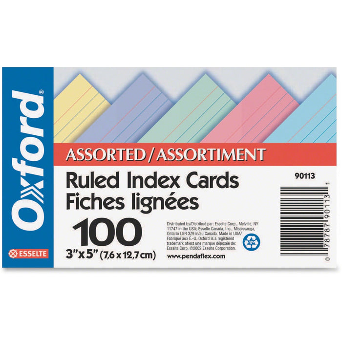 Oxford Ruled Index Card - 3" (76.20 mm) x 5" (127 mm) - 100 lb (45359.24 g) Basis Weight - Assorted - 100 / Pack