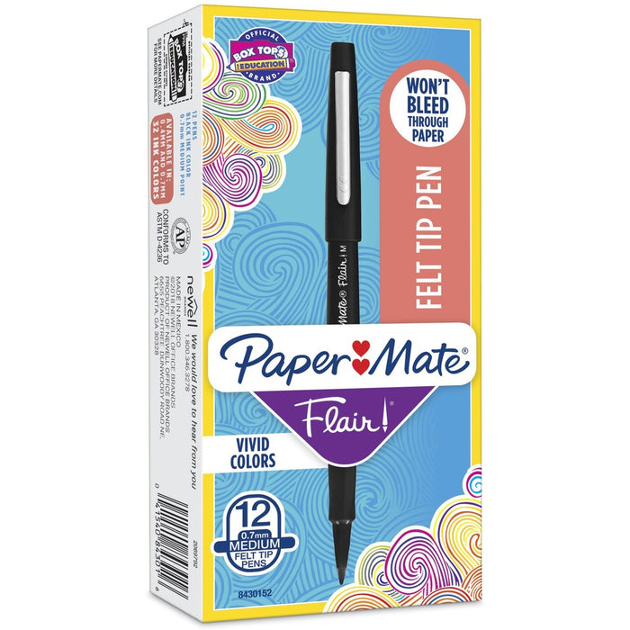Paper Mate Flair Point Guard Felt Tip Marker Pens - 0.7 mm Pen Point - Black Ink - Water Based - Black Barrel - 1 Dozen