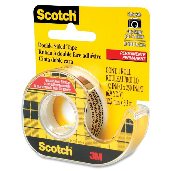 3M Scotch Double-Sided Tape - 20.8 ft (6.4 m) Length x 0.50" (12.7 mm) Width - Clear - Dispenser Included - Long Lasting - For Attaching, Mounting - 1 Each