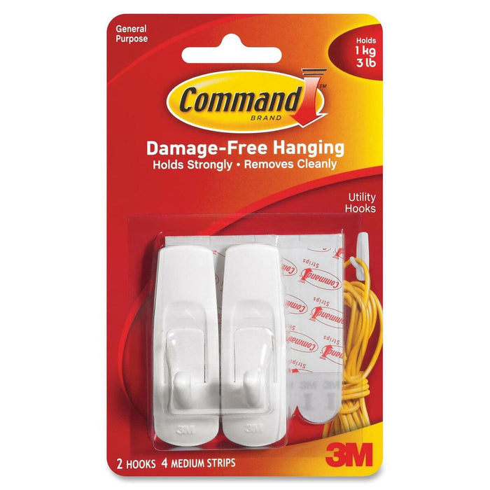 3M Reusable Command Adhesive Strip Hook - 2 Medium Hook - 3 lb (1360.78 g) Capacity - for Multipurpose - 2 / Pack