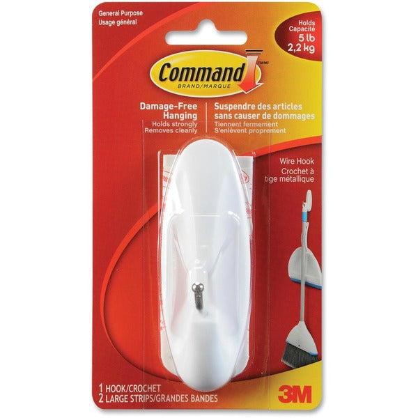3M Command Large Hook - 5 lb (2267.96 g) Capacity - for Multipurpose - White - 1 / Pack