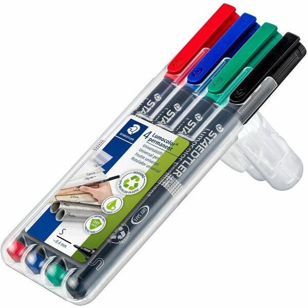 Lumocolor Permanent Pen 313 - 0.4 mm (0.02") Super Fine Marker Point - Refillable - Red, Blue, Green, Black Ink - Black Polypropylene Barrel - Writing - 4 / Pack