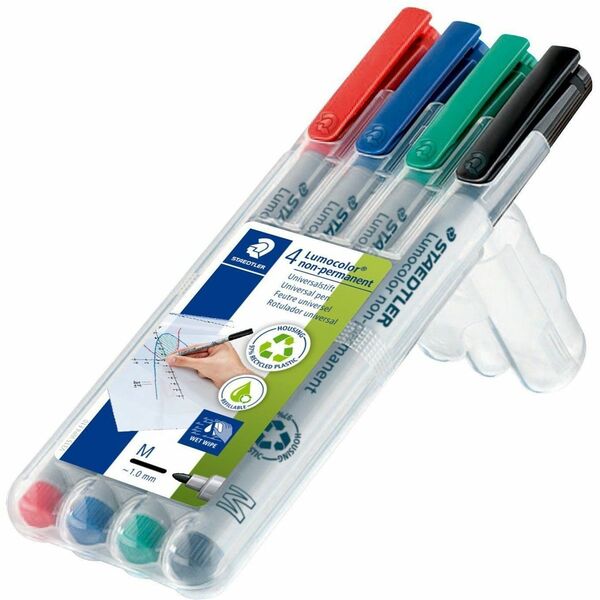 Lumocolor Non-Permanent Pen 315 - 1 mm (0.04") Medium Marker Point - Refillable - Red, Blue, Green, Black Ink - Water Based - Gray Polypropylene Barrel - Writing - 4 / Set