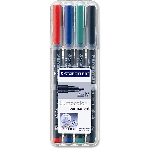 Staedtler Lumocolor Permanent Universal Pen - 1 mm (0.04") Medium Pen Point - Refillable - Red, Blue, Green, Black Ink - Black Polypropylene Barrel - 4 / Set