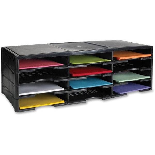 Storex Literature Organizer - 12 Compartment(s) - Compartment Size : 2.13" (53.97 mm) x 9.25" (234.95 mm) x 12.50" (317.50 mm) - 11.1" (282.58 mm) Height x 31.5" (800.10 mm) Width x 14" (355.60 mm) Depth - Floor - Label Holder, Durable, Stackable - Black