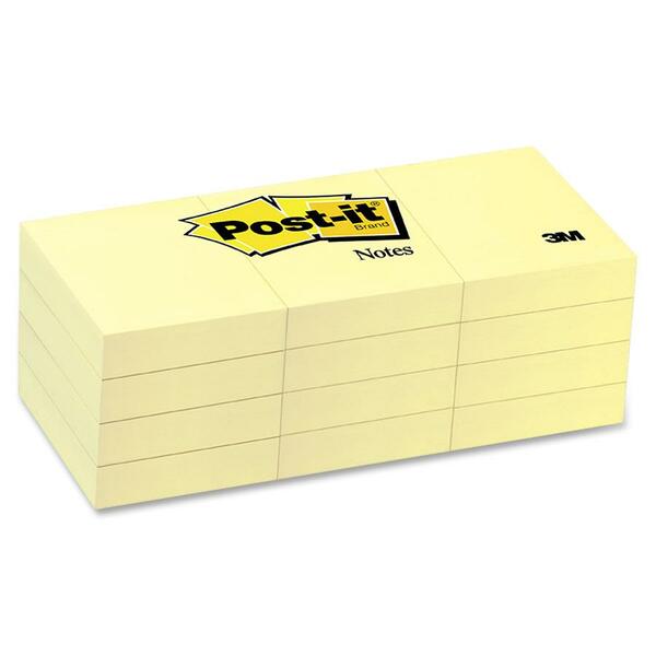 Post-it&reg; Plain Notes - 1 1/2" (38.10 mm) Flag/Note Width x 2" (50.80 mm) Flag/Note Length - Rectangle - Unruled - Canary Yellow - Removable - 12 / Pack