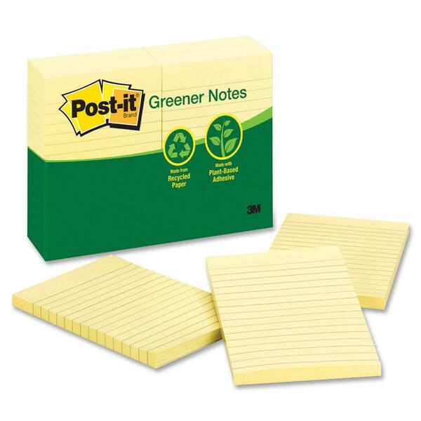 Post-it&reg; Recycled Ruled Notes - 4" (101.60 mm) Flag/Note Width x 6" (152.40 mm) Flag/Note Length - Rectangle - Ruled - Yellow - Removable - Recycled - 12 / Pack