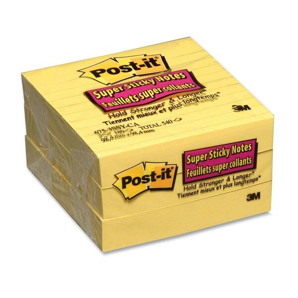 Post-it&reg; Super Sticky Ruled Adhesive Notes - 4" (101.60 mm) Flag/Note Width x 4" (101.60 mm) Flag/Note Length - Square - 90 Sheets per Pad - Ruled - Canary Yellow - Adhesive, Self-stick - 3 / Pack