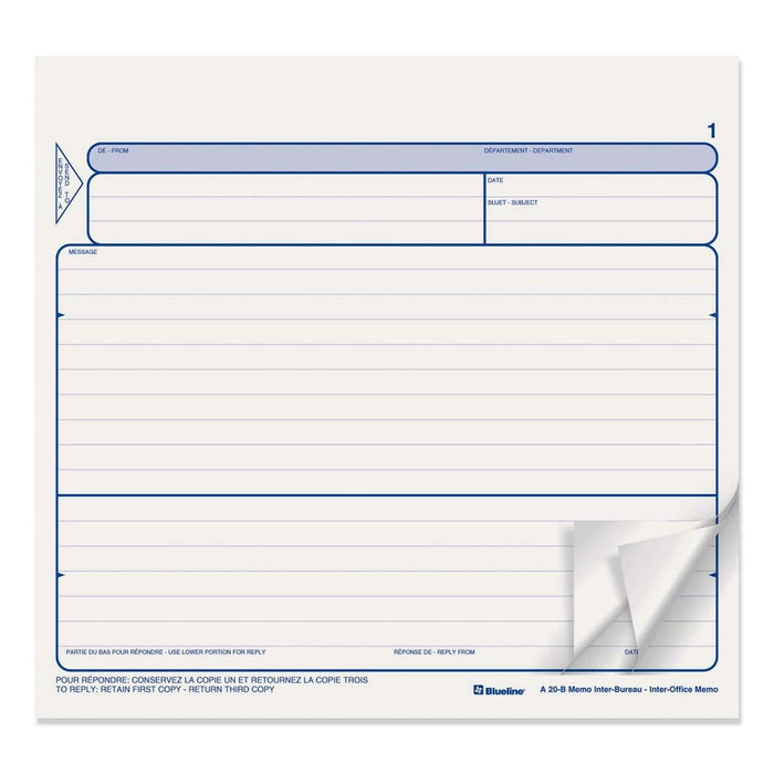 Blueline Triplicate Bilingual Inter-Office Memo Form - 250 Sheet(s) - 3 Part - Carbonless Copy - 8" (20.3 cm) x 8 1/2" (21.6 cm) Sheet Size - No - 250 / Box