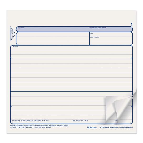 Blueline Triplicate Bilingual Inter-Office Memo Form - 250 Sheet(s) - 3 PartCarbonless Copy - 8" (20.3 cm) x 8 1/2" (21.6 cm) Sheet Size - 250 / Box