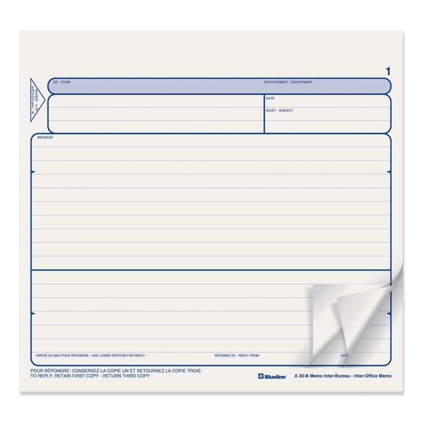 Blueline Triplicate Bilingual Inter-Office Memo Form - 250 Sheet(s) - 3 Part - Carbonless Copy - 8" (20.3 cm) x 8 1/2" (21.6 cm) Sheet Size - 250 / Box