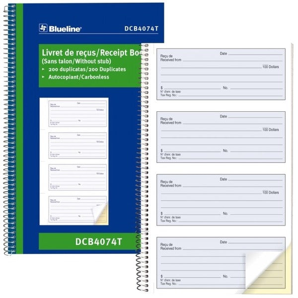 Blueline Bilingual Receipt Book - 200 Sheet(s) - Spiral Bound - 2 Part - Carbon Copy - 6 3/4" (17.1 cm) x 11" (27.9 cm) Sheet Size - Blue Cover - 1 Each