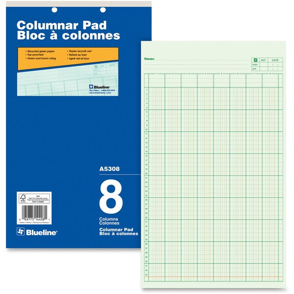 Blueline Columnar Pad - 50 Sheet(s) - Gummed - 8 1/4" (21 cm) x 14" (35.6 cm) Sheet Size - 2 x Holes - 8 Columns per Sheet - Green Sheet(s) - Blue Cover - Recycled - 1 Each