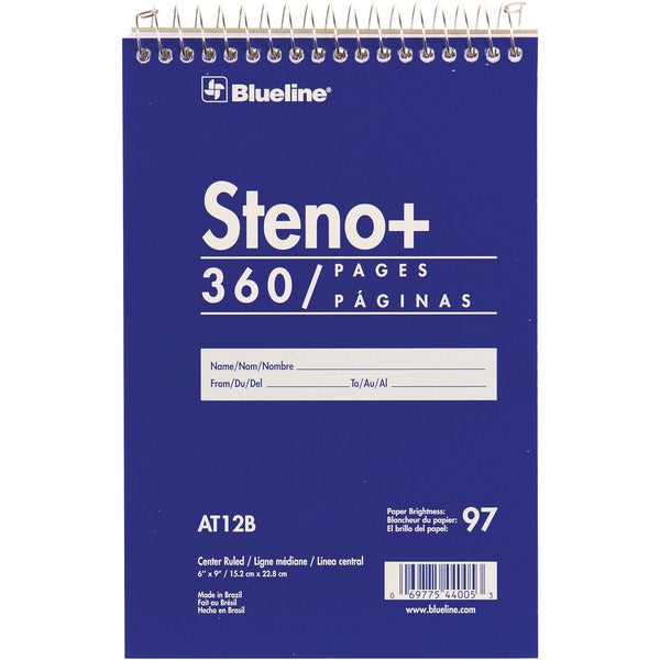 Blueline White Paper Wirebound Steno Pad - 350 Sheets - Wire Bound - Front Ruling Surface - 6" (152.40 mm) x 9" (228.60 mm) Sheet Size - White Paper - Cardboard Cover - Stiff-cover - 1 Each