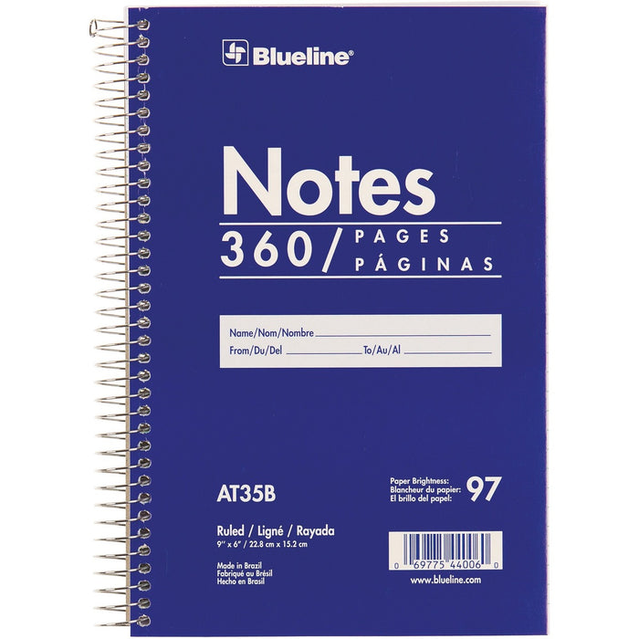 Blueline White Paper Wirebound Steno Pad - 360 Sheets - Spiral - Front Ruling Surface - 9" (22.86 cm) x 6" (15.24 cm) Sheet Size - White Paper - Blue Cardboard Cover - Flexible Cover - 1 Each