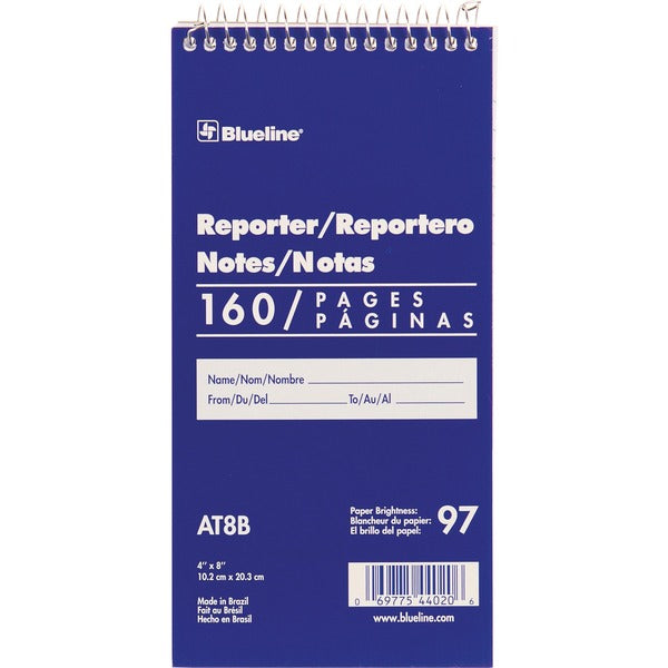 Blueline Reporter Notebook - 160 Sheets - Spiral - 4" (101.60 mm) x 8" (203.20 mm) Sheet Size - White Cover - 1 Each