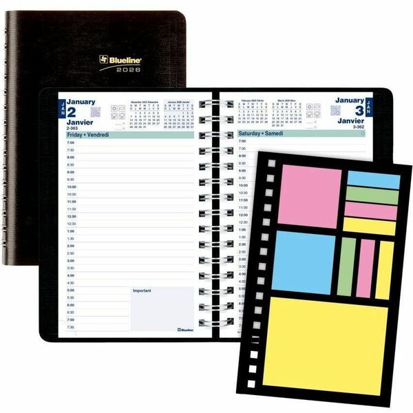 Blueline PlannerPlus Daily Planner, 8" x 5" , Bilingual, Black - Julian Dates - Daily - 12 Month - January 2026 to December 2026 - 7:00 AM to 7:30 PM - Half-hourly - 1 Day Single Page Layout - 5" (127 mm) x 8" (203.20 mm) Sheet Size - Twin Wire - Black -