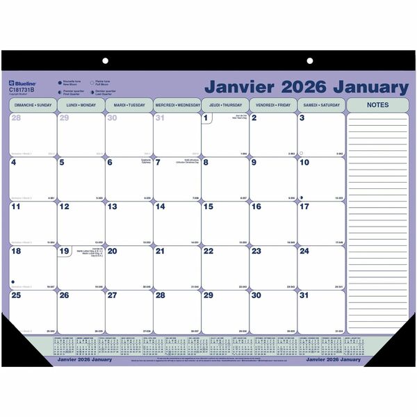 Blueline Monthly Desk Pad Calendar, 21-1/4" x 16" , Bilingual - Monthly, Yearly - 12 Month - January 2026 to December 2026 - 1 Month Single Page Layout - 21 1/4" (539.75 mm) x 16" (406.40 mm) Sheet Size - 2 x Holes - Desk Pad - Wall, Wall Mount - Chipboar