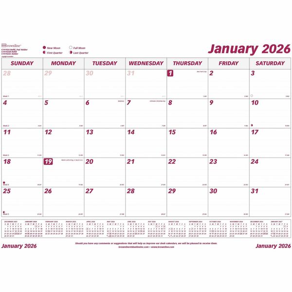 Brownline Monthly Desk Pad Calendar Refill, 23-1/2" x 18-1/4" , English - Monthly - 12 Month - January 2026 to December 2026 - 1 Month Single Page Layout - 23 1/2" (596.90 mm) x 18 1/4" (463.55 mm) Sheet Size - Desk Pad - White - Chipboard - Reference Cal
