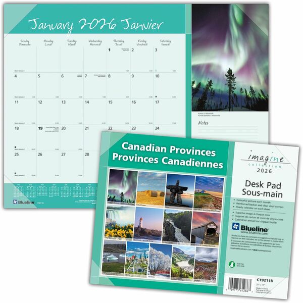 Blueline Canadian Provinces Monthly Desk Pad Calendar, 22" x 17" , Bilingual - Julian Dates - Monthly - 12 Month - January 2026 to December 2026 - 1 Month Single Page Layout - 22" (558.80 mm) x 17" (431.80 mm) Sheet Size - Desk Pad - Vinyl, Cardboard - 1